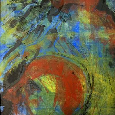 An example of an original monotype print, using mutliple layers and colours