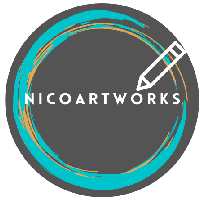 Logo - Nicoartworks in white lettering over grey background with white pencil