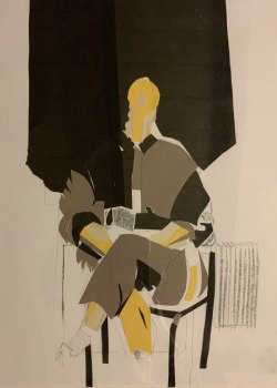 A collage showing a seated figure with legs crossed, in grey, black and yellow and white.