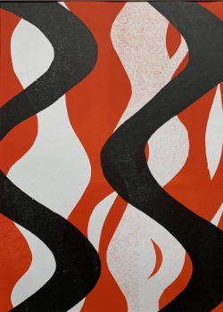 red, white and black monotype print by Nicola Griffin. Shapes