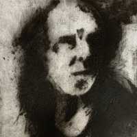 Colllagraph print by Nicola Griffin, in black and white, showing a male head and shoulders, he is gazing towards to right.